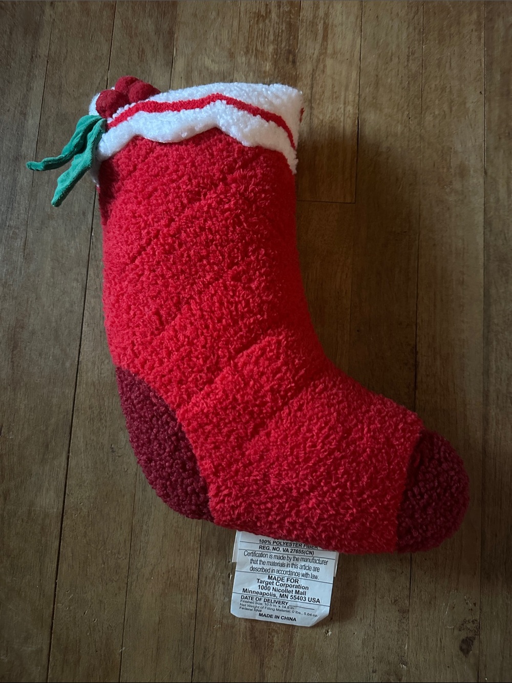 Target Red Fuzzy Christmas Stocking Throw Pillow with White Cuff and Green Holly